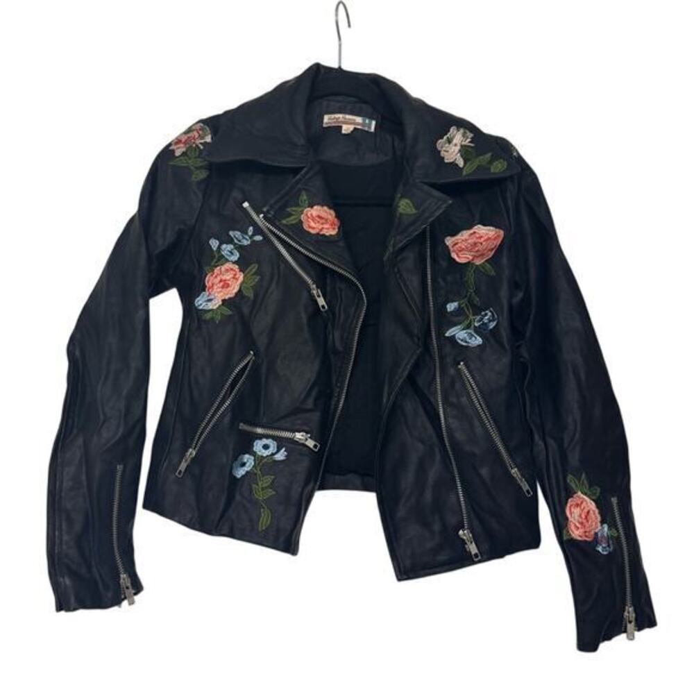Vintage‎ Havana Black Faux Leather Moto Jacket Floral Embroidered Womens Medium